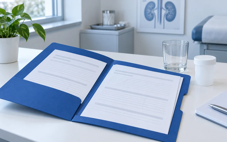 An open blue folder with blank laboratory forms sits on a clinic desk beside a closed specimen container.