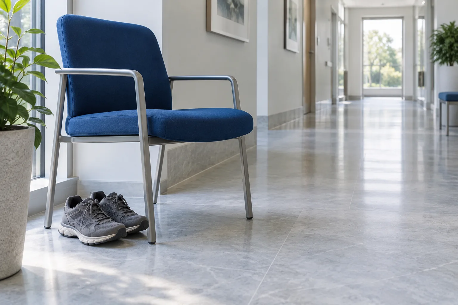 Unbranded walking shoes beside an empty blue chair in a quiet assessment-room corridor.