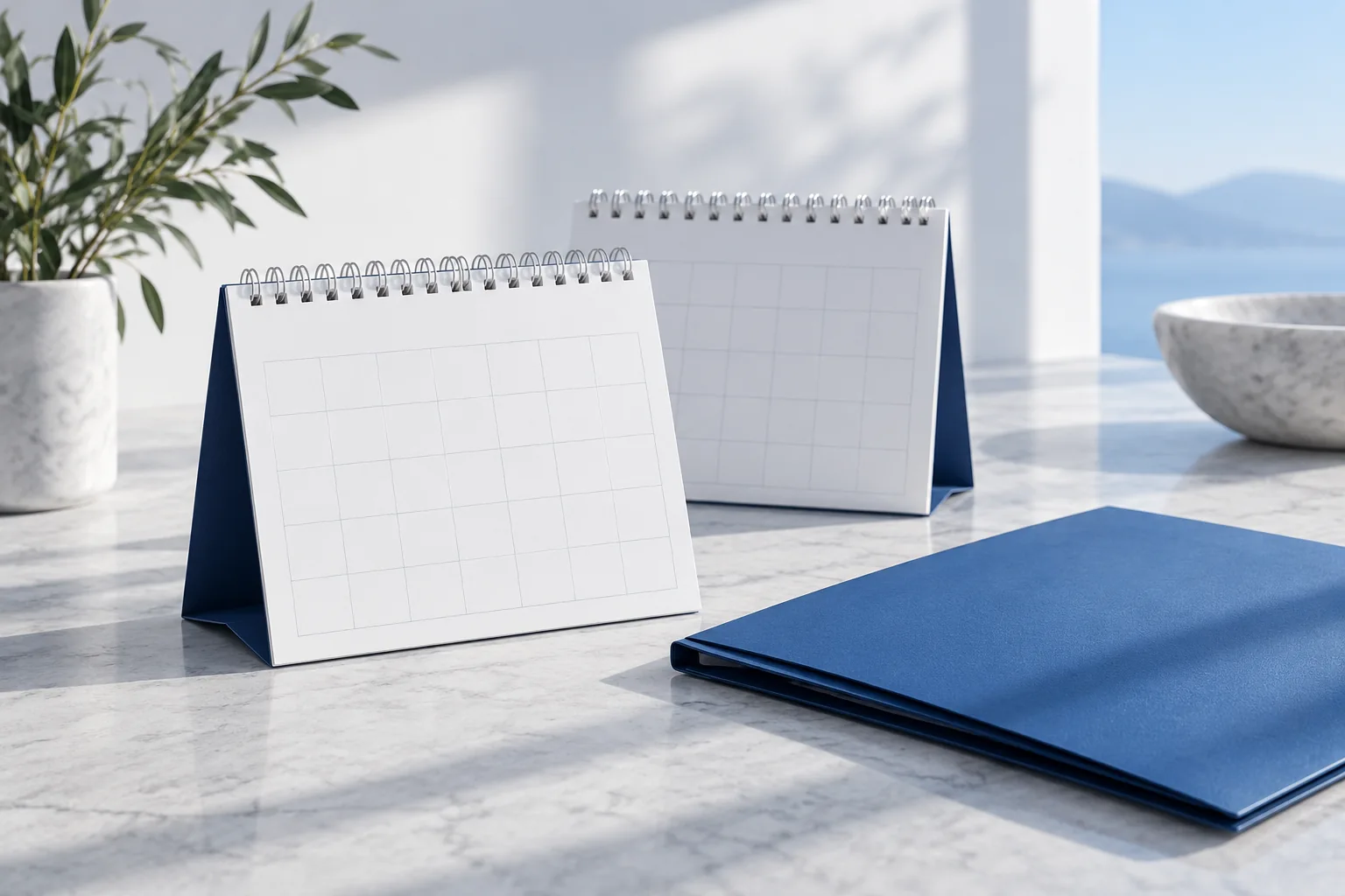 Two unnumbered desk calendars beside a blue folder on cool stone.